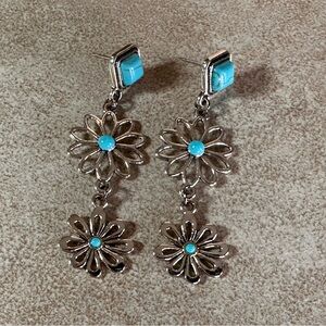 NEW HANDMADE - Turquoise and Silver Floral Dangle Earrings